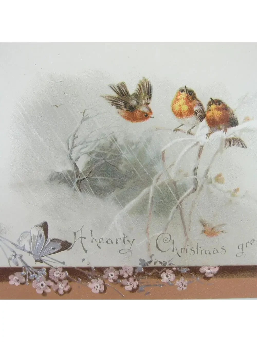 Victorian Christmas Card Birds on White Tree Branch Butterfly Flowers Antique